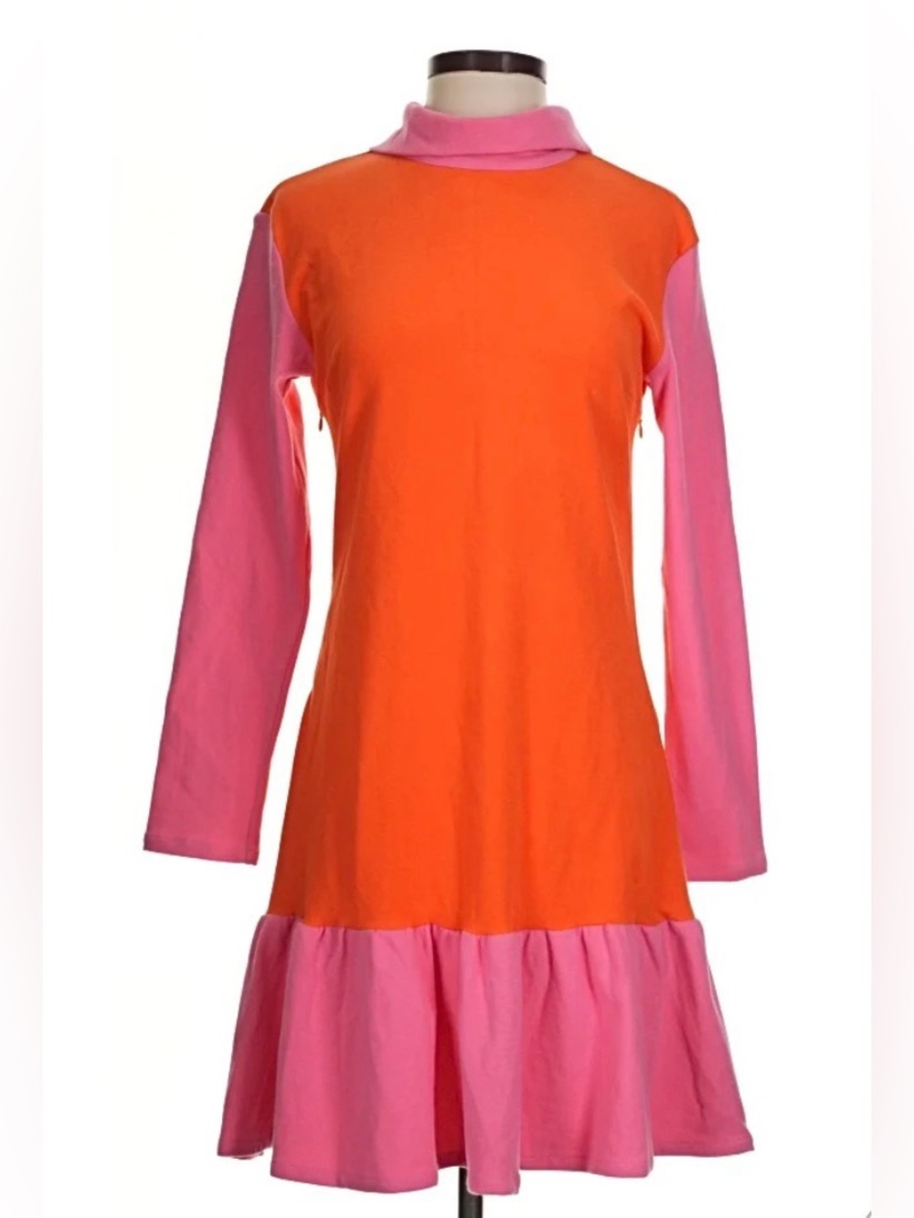 BURU Orange Pink Colorblock Mock Neck Long Sleeve Shift Mini Retro Dress - S